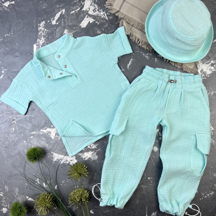 Костюм muslin cotton BEWARM дитячий штани + футболка + панамка Блакитний