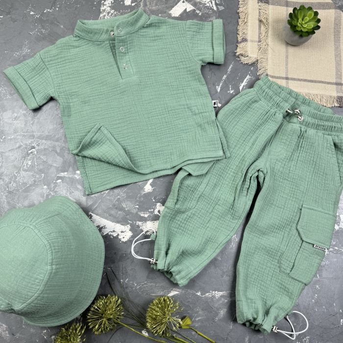 Костюм muslin cotton BEWARM дитячий штани + футболка + панамка Хакі