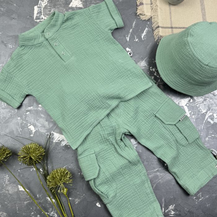 Костюм muslin cotton BEWARM дитячий штани + футболка + панамка Хакі