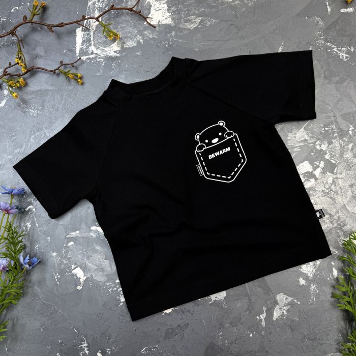 Дитяча футболка з принтом ведмедик у кишені BEWARM black