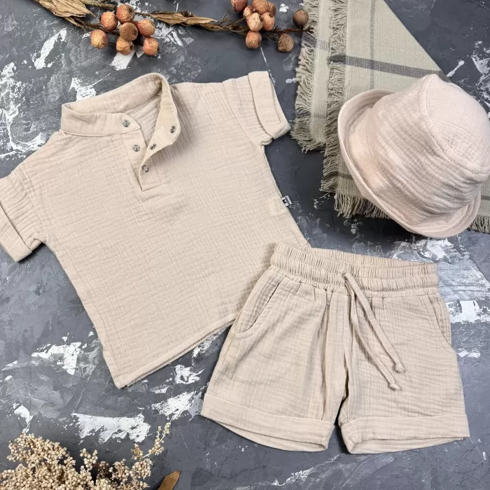 Костюм muslin cotton BEWARM дитячий шорти + футболка + панама Beige