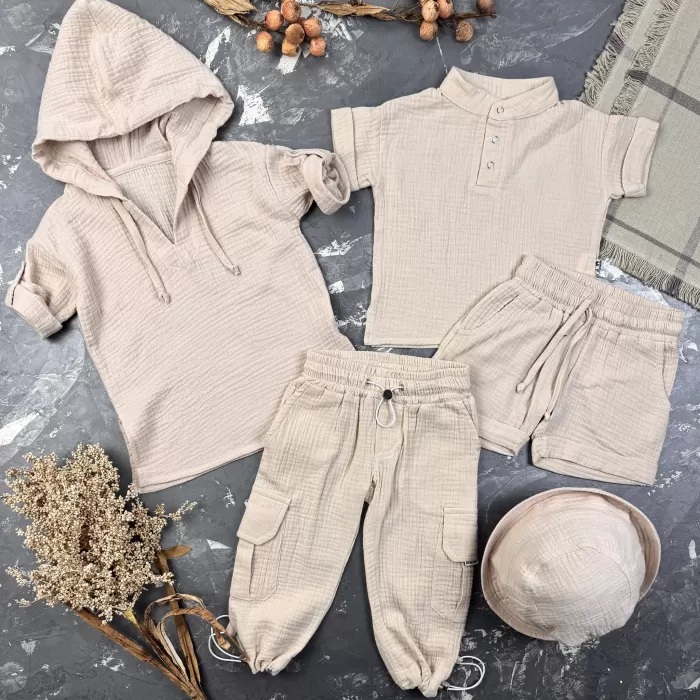 Комплект muslin cotton Beige BEWARM дитячий (штани,футболка,панамка,шорти,туніка)
