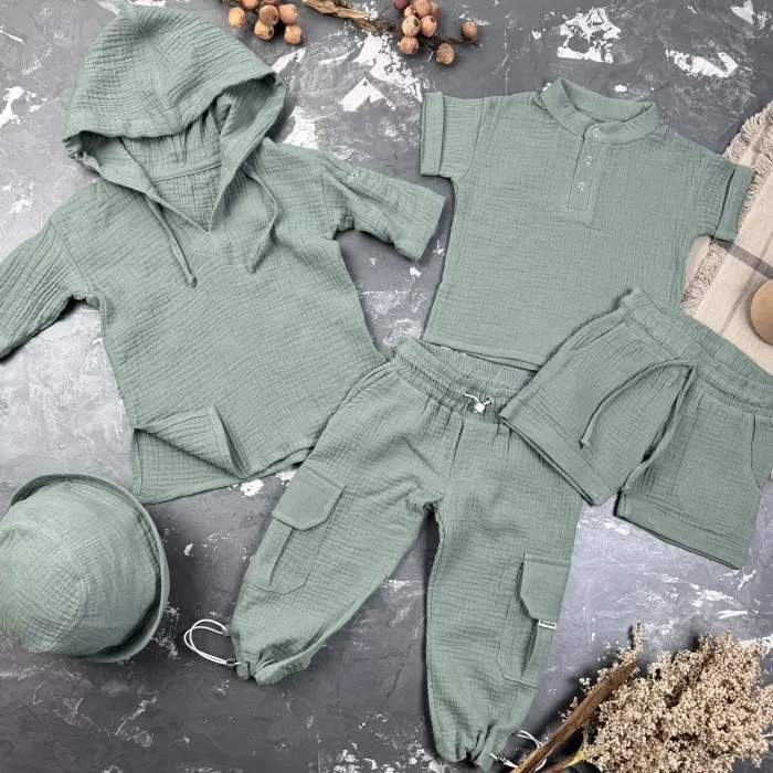 Комплект muslin cotton Khaki BEWARM дитячий (штани,футболка,панамка,шорти,туніка)