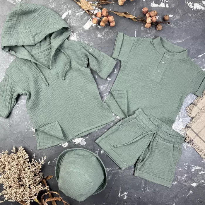 Комплект muslin cotton Khaki BEWARM дитячий (штани,футболка,панамка,шорти,туніка)