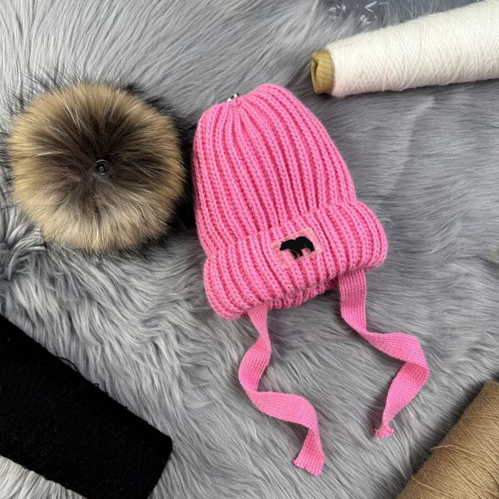 Зимовий в'язаний комплект дитячий рожевий з натуральним бубоном KID BEWARM