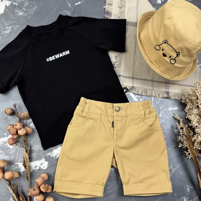 Костюм #BEWARM шорти+футболка+панамка дитячий Беж/Чорний