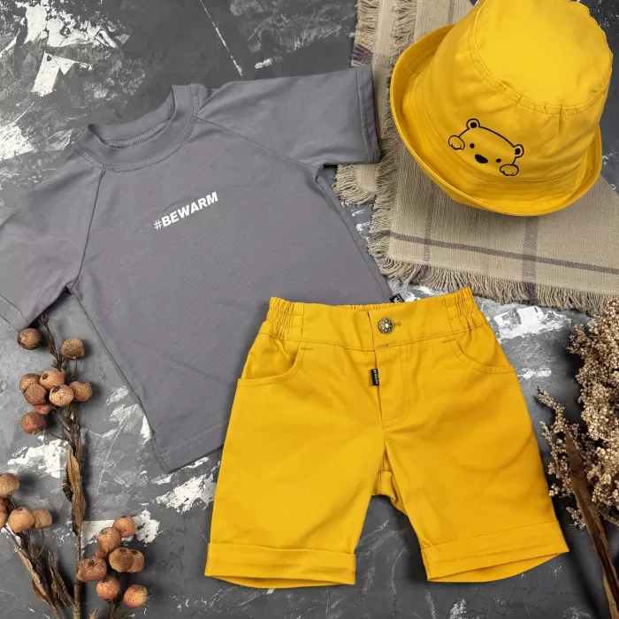 Костюм #BEWARM шорти+футболка+панамка дитячий Гірчиця/Сірий