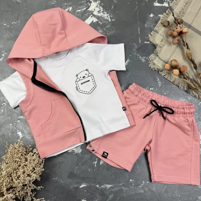 Костюм дитячий літній (шорти + футболка + жилетка) prettybear BEWARM рожевий/білий