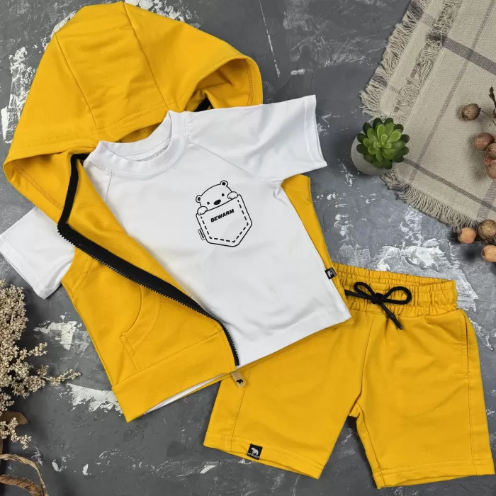 Костюм дитячий літній (шорти + футболка + жилетка) prettybear BEWARM Гірчиця/Білий