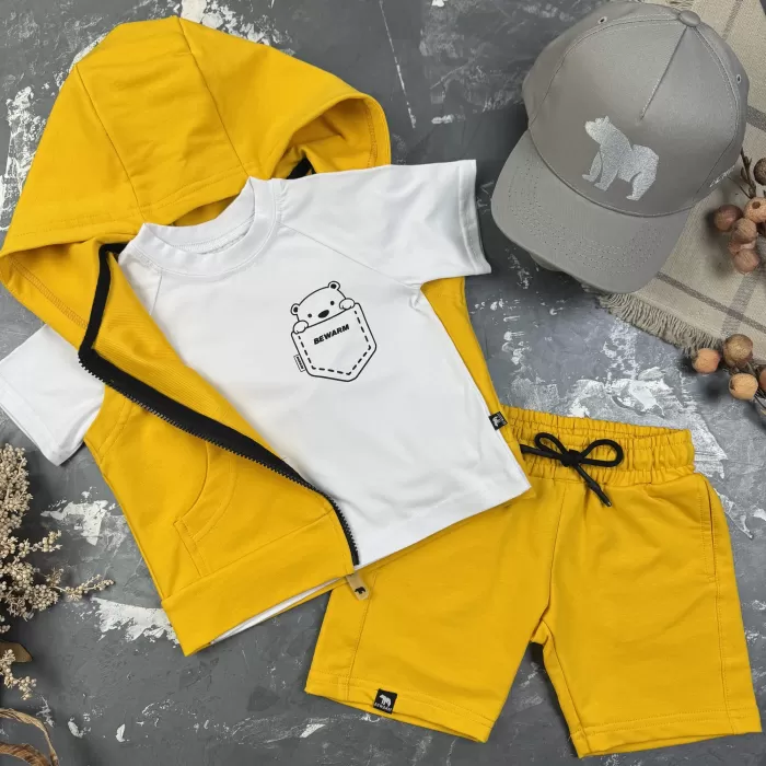 Костюм дитячий літній (шорти + футболка + жилетка) prettybear BEWARM Гірчиця/Білий