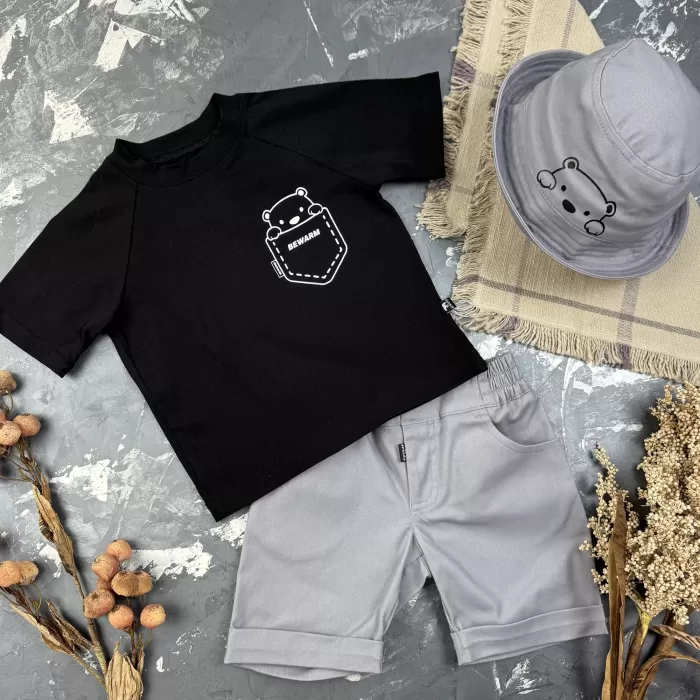 Костюм prettybear шорти+футболка+панамка дитячий Сірий/Чорний