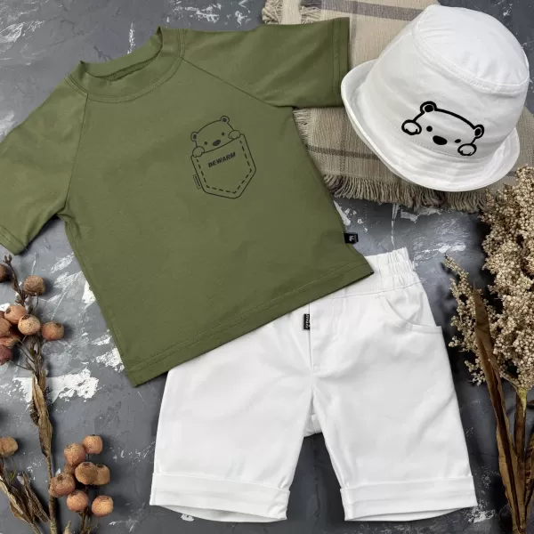 Костюм prettybear шорти+футболка+панамка дитячий Білий/Хакі