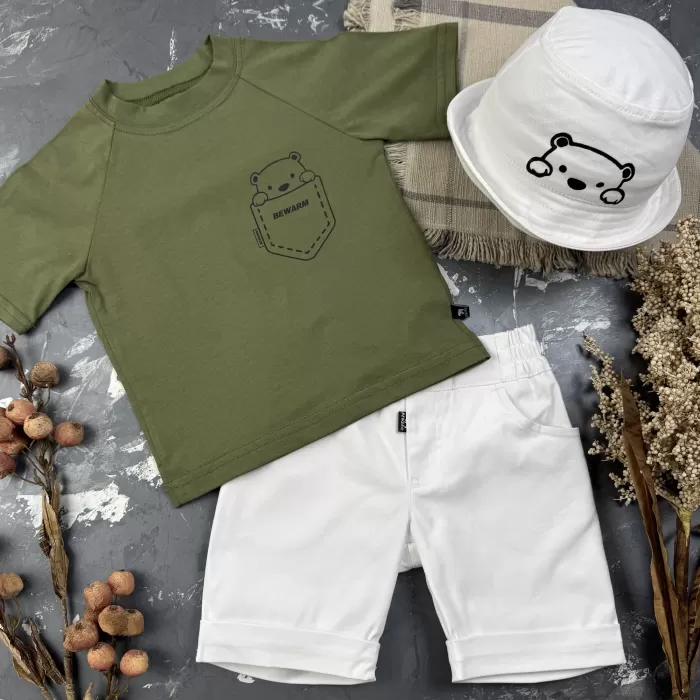 Костюм prettybear шорти+футболка+панамка дитячий Білий/Хакі
