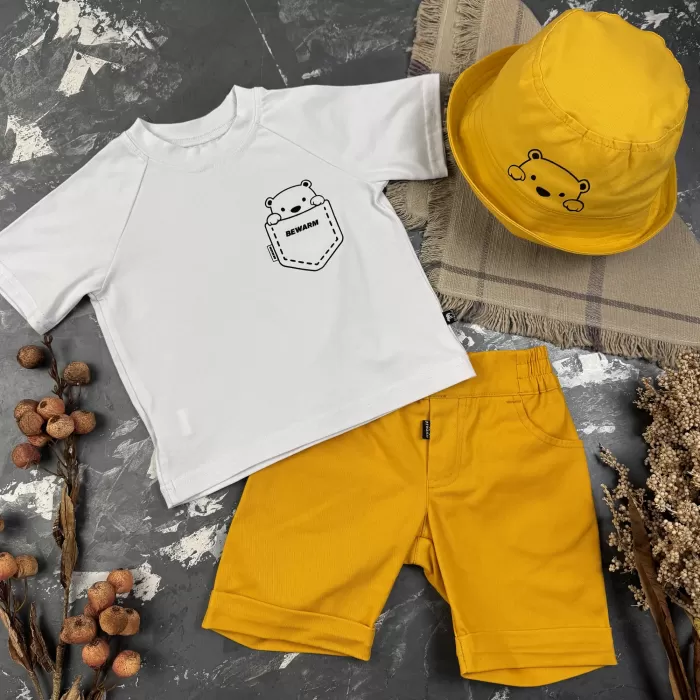 Костюм prettybear шорти+футболка+панамка дитячий Гірчиця/Білий