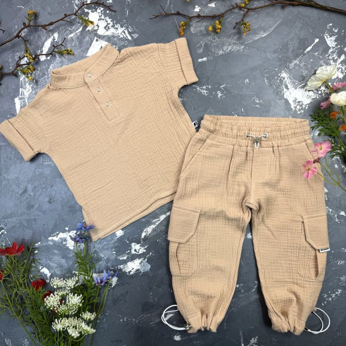 Костюм muslin cotton BEWARM дитячий штани + футболка + панамка Sand