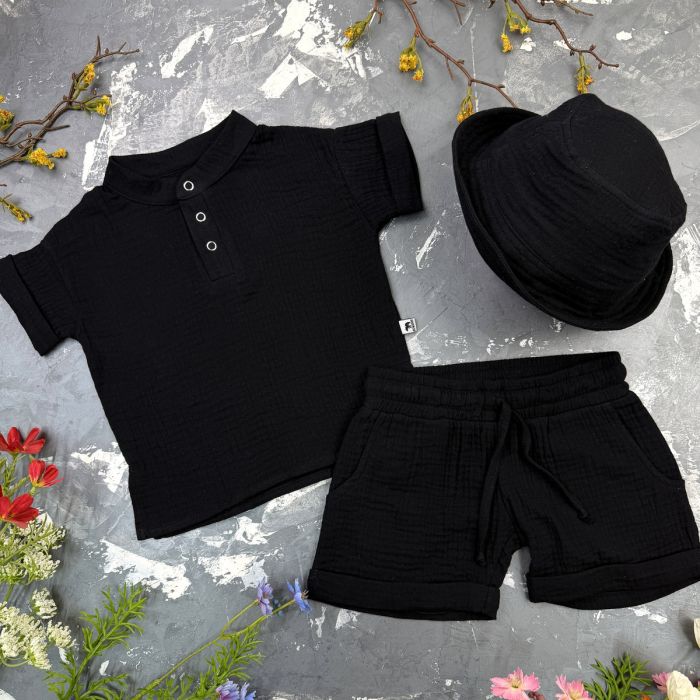 Костюм muslin cotton BEWARM дитячий шорти + футболка + панама Black