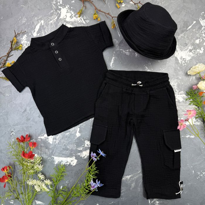 Костюм muslin cotton BEWARM дитячий штани + футболка + панамка Black