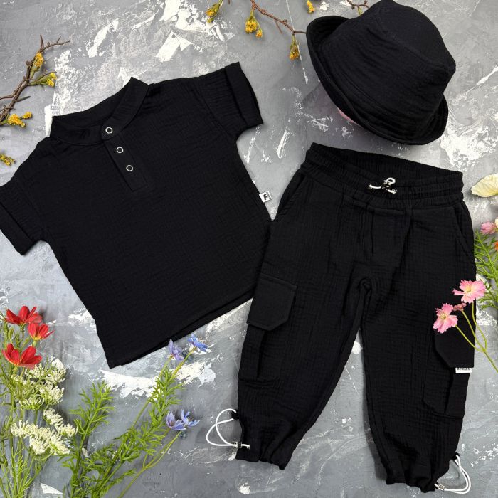 Костюм muslin cotton BEWARM дитячий штани + футболка + панамка Black