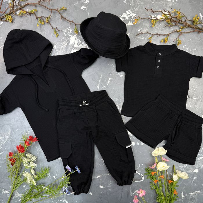 Комплект muslin cotton Black BEWARM дитячий (штани,футболка,панамка,шорти,туніка)