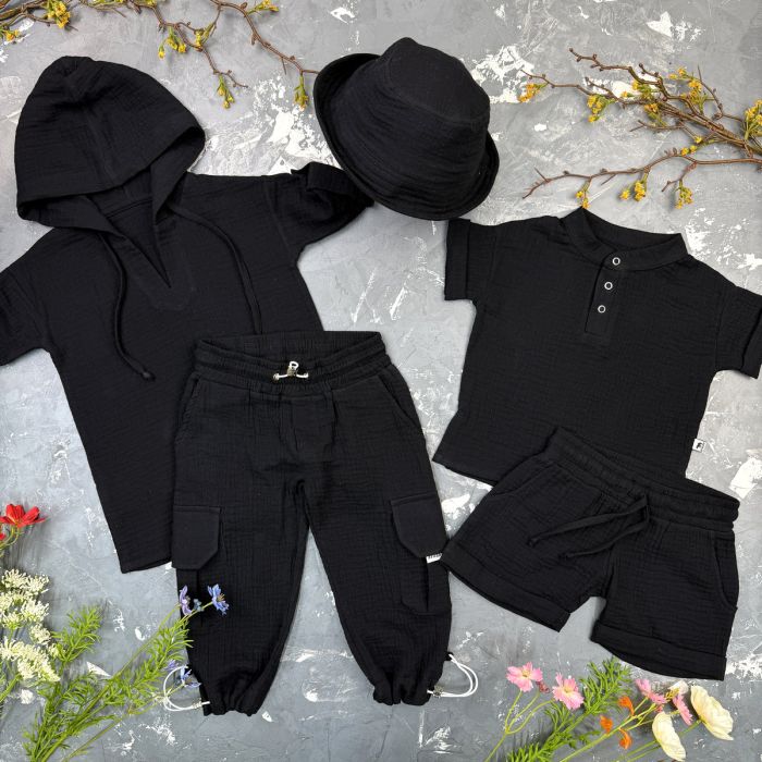 Комплект muslin cotton Black BEWARM дитячий (штани,футболка,панамка,шорти,туніка)
