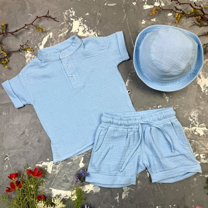 Костюм muslin cotton BEWARM дитячий шорти + футболка + панама Sky-blue