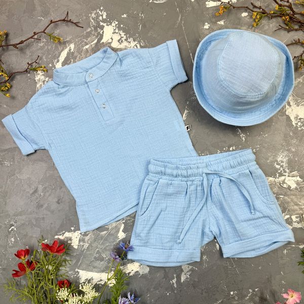Костюм muslin cotton BEWARM дитячий шорти + футболка + панама Sky-blue