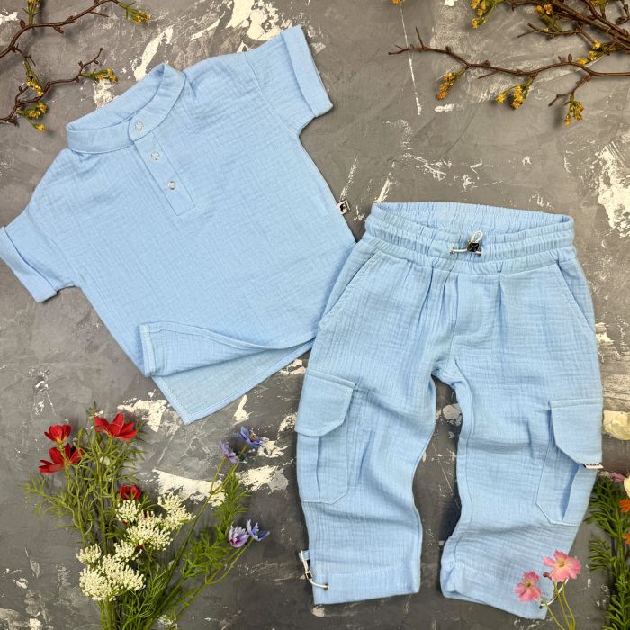 Костюм muslin cotton BEWARM дитячий штани + футболка + панамка Sky-blue