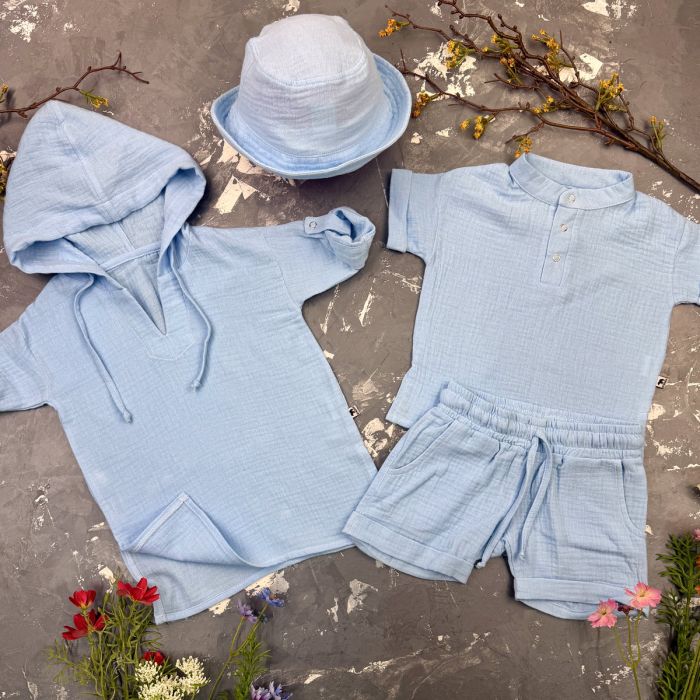 Комплект muslin cotton Sky-blue BEWARM дитячий (штани,футболка,панамка,шорти,туніка)