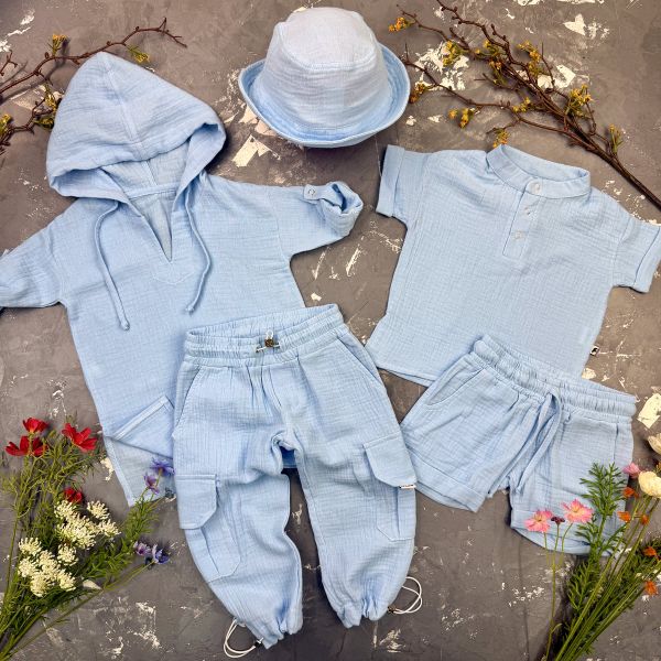 Комплект muslin cotton Sky-blue BEWARM дитячий (штани,футболка,панамка,шорти,туніка)