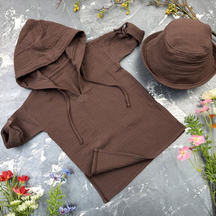 Мусліновий набір туніка + панама дитяча Muslin Cotton BEWARM Шоколад