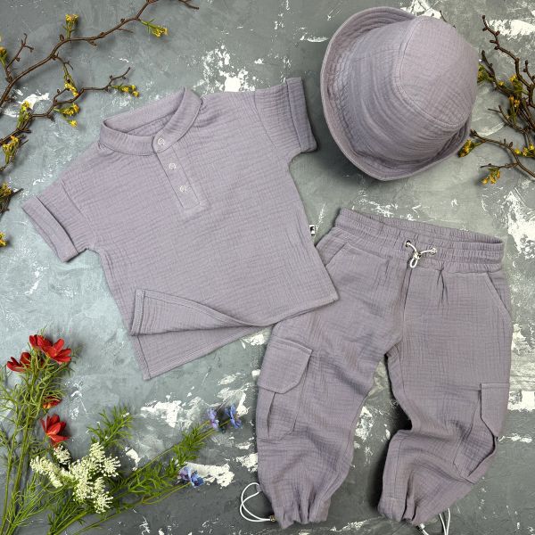 Костюм muslin cotton BEWARM дитячий штани + футболка + панамка Grey