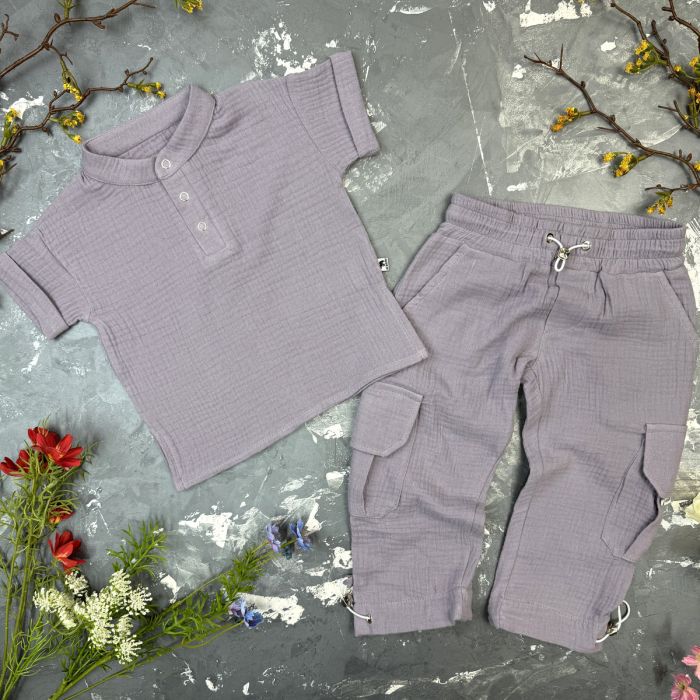 Костюм muslin cotton BEWARM дитячий штани + футболка + панамка Grey