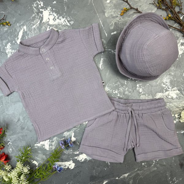 Костюм muslin cotton BEWARM дитячий шорти + футболка + панама Grey