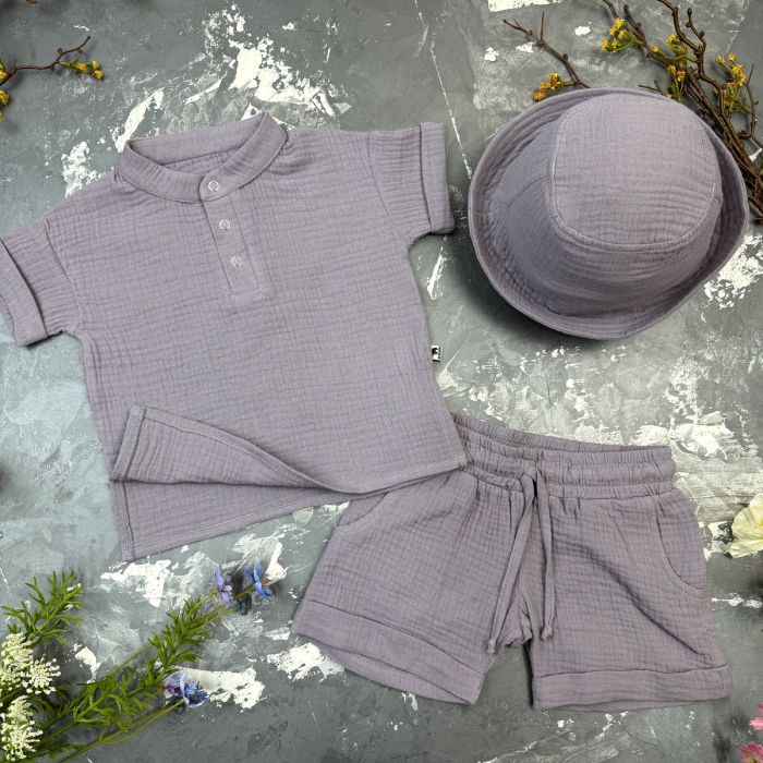 Костюм muslin cotton BEWARM дитячий шорти + футболка + панама Grey