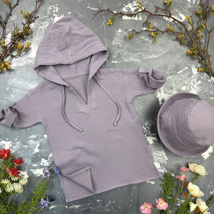 Мусліновий набір туніка + панама дитяча Muslin Cotton BEWARM Grey