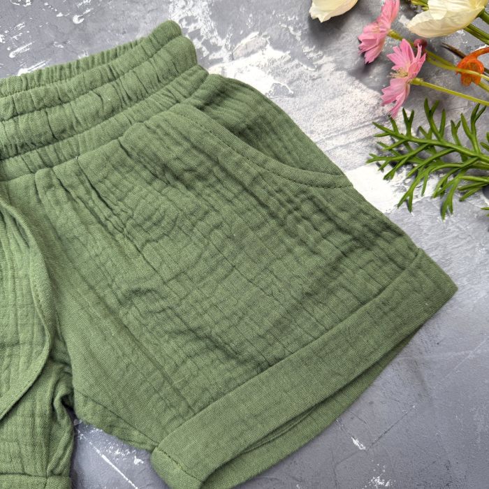 Комплект muslin cotton dark green BEWARM дитячий (штани,футболка,панамка,шорти,туніка)