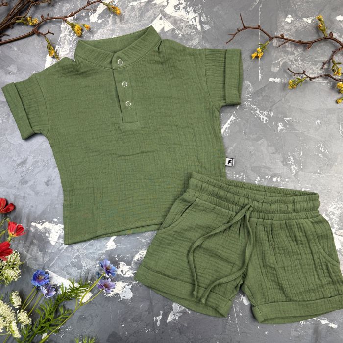 Костюм muslin cotton BEWARM дитячий шорти + футболка + панама dark green