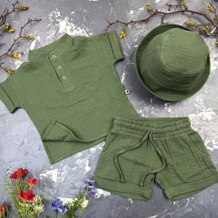 Комплект muslin cotton dark green BEWARM дитячий (штани,футболка,панамка,шорти,туніка)