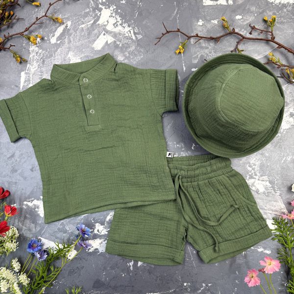 Костюм muslin cotton BEWARM дитячий шорти + футболка + панама dark green