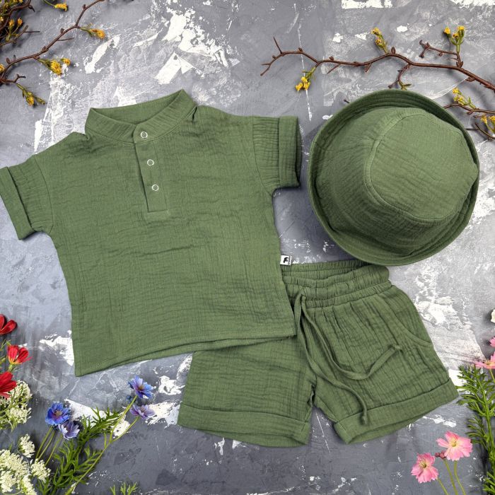 Комплект muslin cotton dark green BEWARM дитячий (штани,футболка,панамка,шорти,туніка)