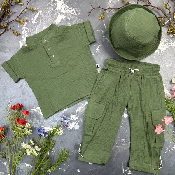 Костюм muslin cotton BEWARM дитячий штани + футболка + панамка dark green