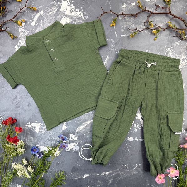 Костюм muslin cotton BEWARM дитячий штани + футболка dark green