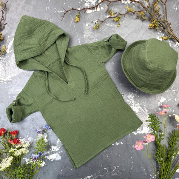 Мусліновий набір туніка + панама дитяча Muslin Cotton BEWARM dark green
