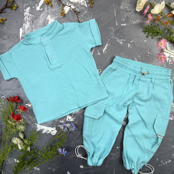 Костюм muslin cotton BEWARM дитячий штани + футболка Aquamarine