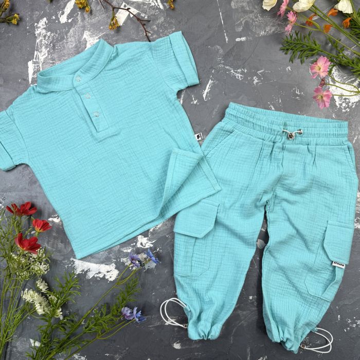 Костюм muslin cotton BEWARM дитячий штани + футболка Aquamarine
