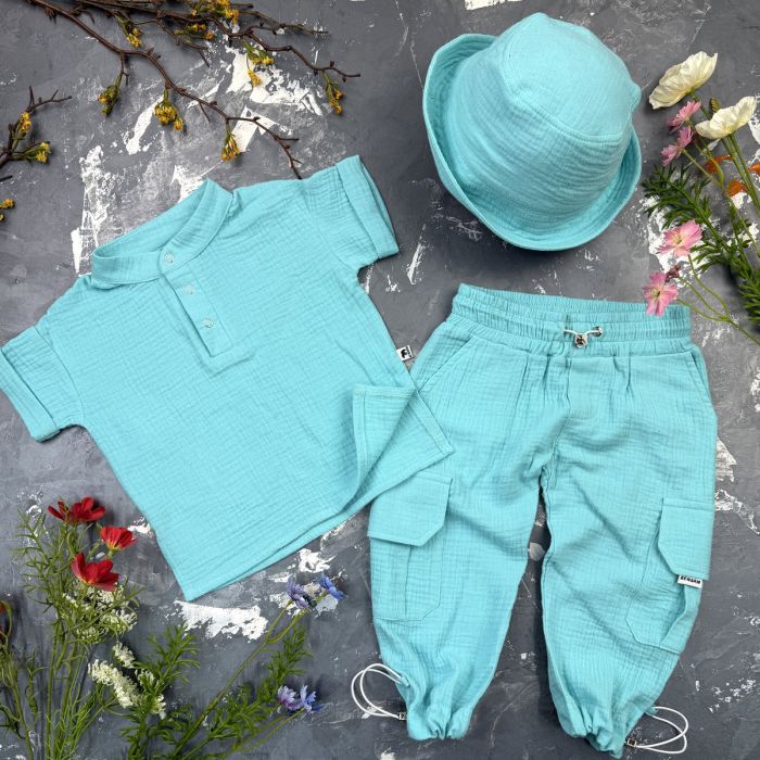 Костюм muslin cotton BEWARM дитячий штани + футболка + панамка Aquamarine