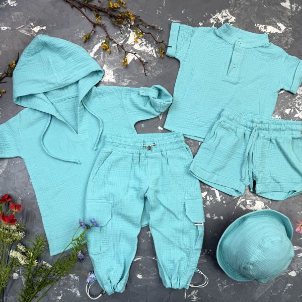Комплект muslin cotton Aquamarine BEWARM дитячий (штани,футболка,панамка,шорти,туніка)