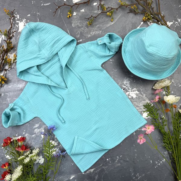 Мусліновий набір туніка + панама дитяча Muslin Cotton BEWARM Aquamarine