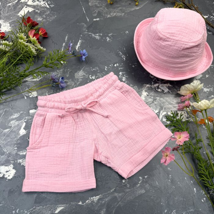 Костюм muslin cotton BEWARM дитячий шорти + футболка + панама Pink