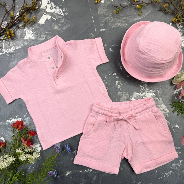 Костюм muslin cotton BEWARM дитячий шорти + футболка + панама Pink
